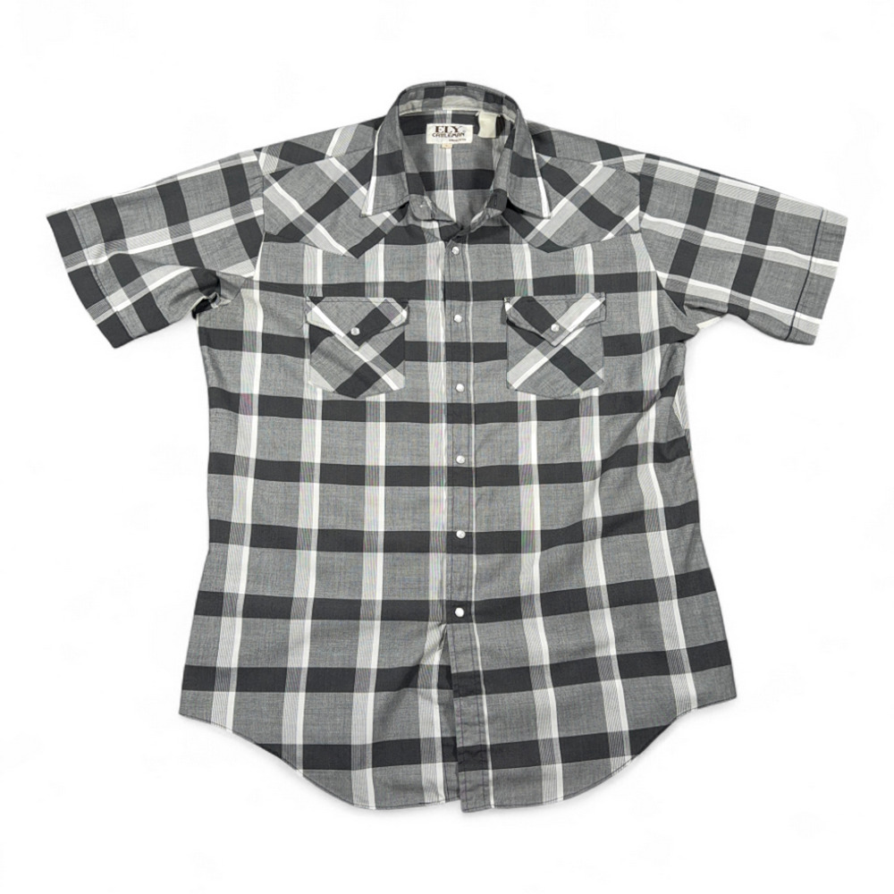 Vintage Ely Cattleman Western Shirt Adult LARGE Gray Plaid Pearl Snap Cowboy 90s